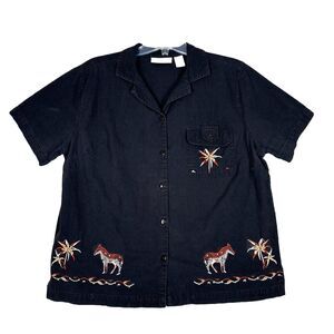 Dressbarn Shirt Womens 1X Black Tan Beaded Zebra Safari Novelty Grandmacore